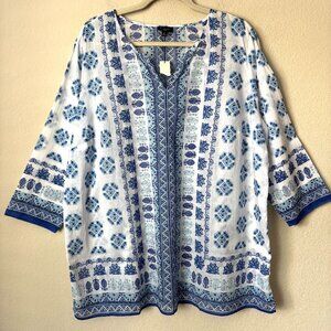 Talbots White and Blue Printed top size 1X NWT